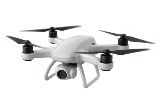 White quadcopter drone with a camera attached, representing modern technology and aerial photography on a transparent background