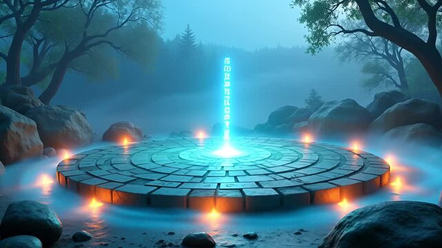 Mystical Glowing Portal in a Misty Forest Clearing Surrounded by Rocks and Candles at Dusk