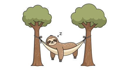 Naklejka premium Charming cartoon illustration of a peaceful sloth catching some Zs in a comfortable hammock, suspended between two sturdy green trees, depicting ultimate tranquility and leisurely repose