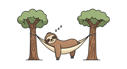 Naklejka premium Charming cartoon illustration of a sleepy sloth peacefully napping in a cozy fabric hammock, suspended between two sturdy green trees, perfect for conveying tranquility and rest in nature
