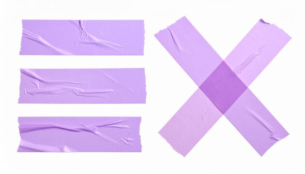Set of purple adhesive tape strips and cross isolated on white background, crumpled sticky tape elements for design
