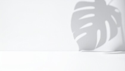 Monstera leaf shadow on white background with empty space for product display, minimalist aesthetic