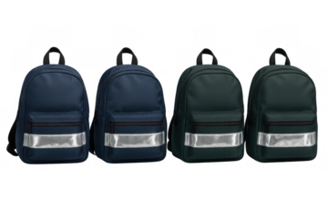 School backpacks in blue and green with reflective safety stripes, children's rucksacks for daily use, transparent background