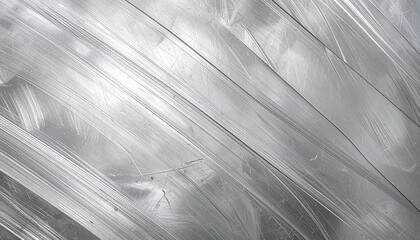 Abstract brushed metal texture background with diagonal scratches and light reflections, industrial metallic surface pattern