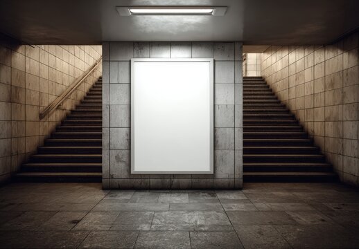 Empty subway station with two staircases leading up, featuring a large blank poster frame on the wall, ideal for advertising or promotional content with copy space