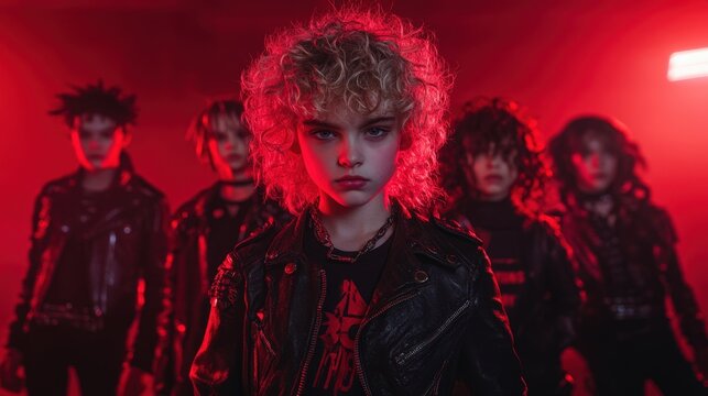 A group of edgy young individuals with striking hairstyles and leather jackets stands confidently against a dramatic red backdrop, encapsulating a rebellious spirit, Ideal for fashion, music