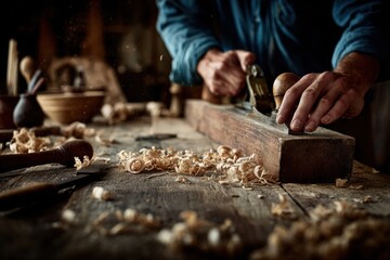 Skilled craftsman using a hand plane on a wooden plank, surrounded by shavings and tools, showcasing traditional woodworking techniques in a rustic workshop environment