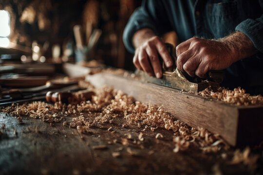 Skilled craftsman, an african american man, is planing a wooden board in a workshop, surrounded by tools and wood shavings, showcasing traditional woodworking techniques and craftsmanship