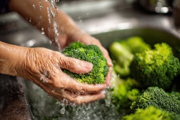 Hands of a person washing fresh broccoli under running water in a kitchen sink, showcasing the importance of cleanliness and preparation in healthy cooking practices