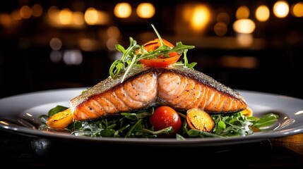 A beautifully plated salmon fillet atop a bed of fresh greens and colorful cherry tomatoes, this image captures the essence of gourmet dining, perfect for restaurant menus, food blogs