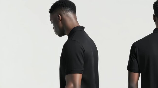 A model presents a sleek black polo shirt in a clean studio environment. The focus is on the contemporary design and versatility of this casual clothing piece perfect for various occasions.