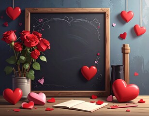 Red roses and hearts on a wooden desk with a chalkboard Valentine's Day love