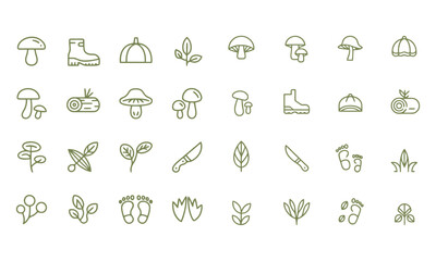 Fototapeta premium Outdoor nature and camping icons set: mushrooms, boot, leaves, knife, footprints.