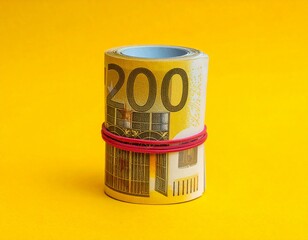 Rolled 200 Euro banknotes secured with red rubber band on yellow background rolled money