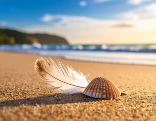 Seashell and feather on sandy beach with ocean waves and sunset sky image