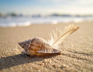 Seashell and feather on sandy beach with ocean waves in background image