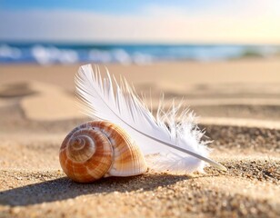 Seashell and white feather on sandy beach with ocean background image