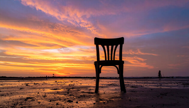 Silhouette of a chair on the beach at sunset