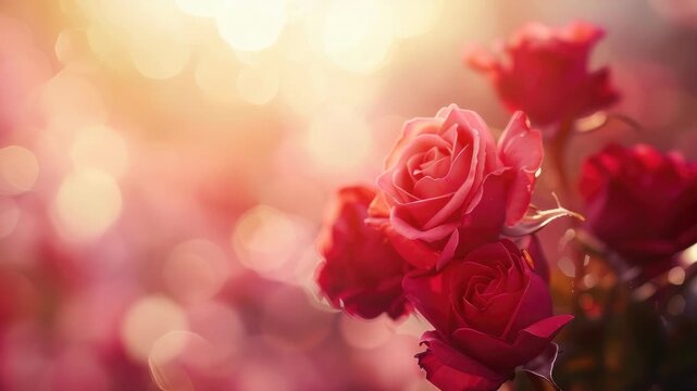 Vibrant red roses in soft, glowing background with bokeh lights