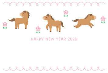2026年午年の年賀状テンプレート。馬、かわいい、花、ガーリー