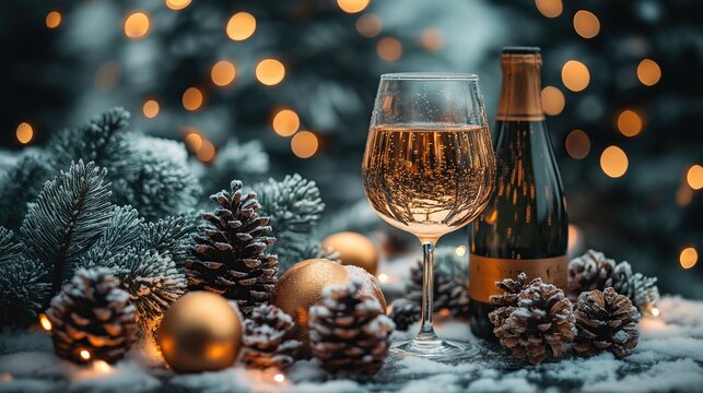 A bottle and glass of champagne surrounded by pine cones and Christmas decorations with a snowy background and twinkling lights for festive celebration