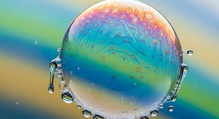 Closeup macro shot of a colorful soap bubble with water droplets clinging to its surface, reflecting iridescent rainbow colors against a blurred green and yellow background