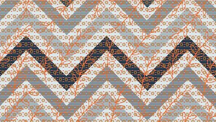 Complex Floral Chevron Pattern with Layered Geometric and Stripe Motifs - 1