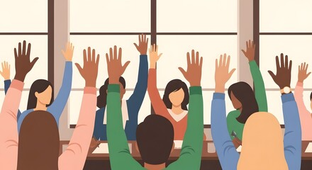Diverse group of people enthusiastically raising hands in a meeting or classroom, eager to participate and share ideas, fostering collaboration and engagement