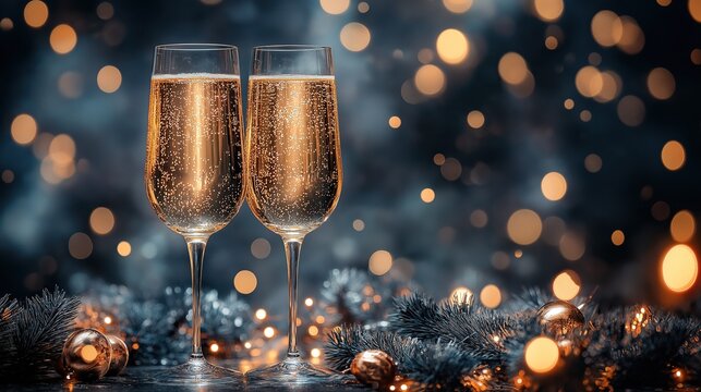 Two glasses of champagne with bokeh lights and Christmas decorations against a dark background featuring space for text representing New Year celebration concept