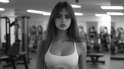 A confident young woman stands in a gym, dressed in athletic attire, exuding determination and focus, This image can be used for fitness promotions, lifestyle blogs, or health-related articles,
