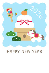 2026年午年の年賀状テンプレート。白馬、かわいい、縁起物、ベクター、鏡餅