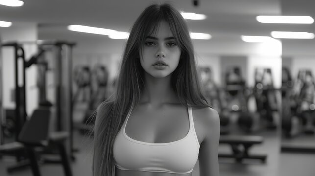 A confident young woman stands in a gym, dressed in athletic attire, exuding determination and focus, This image can be used for fitness promotions, lifestyle blogs, or health-related articles,