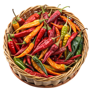 A vibrant basket overflowing with an assortment of colorful chili peppers, showcasing the beauty and diversity of natures spicy bounty isolated on transparent background