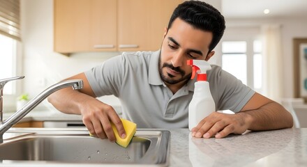 A man cleaning a kitchen sink with a sponge and spray bottle, demonstrating household cleaning and maintenance activities in a modern home environment