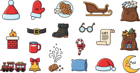 Festive christmas icons, including santa hat, mitten, cookies, sleigh, sack, chimney, belt, boot, glasses and candy cane