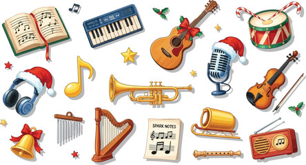 Christmas music instruments, including sheet music, keyboard, guitar, drum, microphone, violin, trumpet and harp