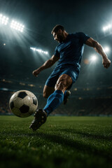 Naklejka premium Soccer player in a blue uniform kicking a ball on a grass field under bright stadium floodlights at night