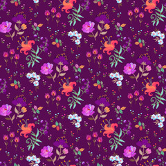 Colorful floral embroidery on a deep purple background. Seamless botanical print with embroidered garden flowers