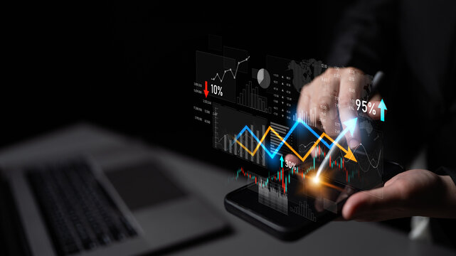 A creative representation of data interaction showing hands engaging with digital graphs and statistics on a smartphone, illustrating modern analytics and growth strategies. Scalp
