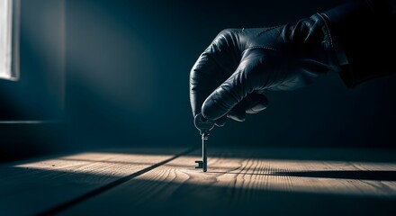 Mysterious gloved hand delicately holds an antique key, casting dramatic shadows on a rustic wooden surface, hinting at secrets and discovery.