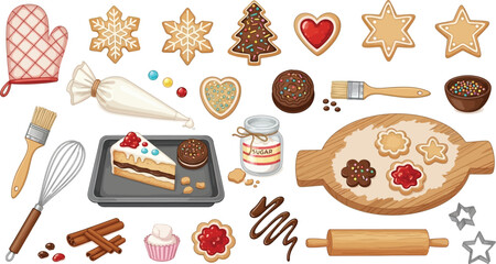 Festive baking scene featuring gingerbread cookies, cake, and various baking tools for a delightful holiday treat