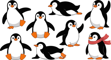 Create a kinds of deferent cute Penguin vector art with white background.