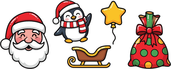 Cute christmas character featuring santa, penguin, sleigh, star balloon, and gift bag for festive holiday cheer
