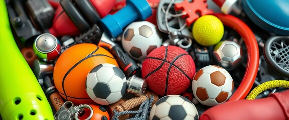 Close-up shot of various sports equipment icons, swimming, medal