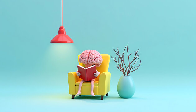 Conceptual representation of the human brain enjoying reading a book while relaxing in an armchair under a modern lamp