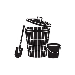 Trash can with shovel and bucket