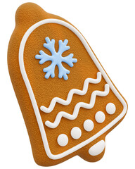 Sweet Iced Gingerbread Cookie Bell With Patterns. 3D Gingerbread Jingle Bell shape. Traditional Christmas And New Year Festive Delicacy And Decor. Isolated On Transparent Background
