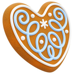 Sweet Iced Gingerbread Cookie Heart With Pattern. 3D Gingerbread Heart shape. Traditional Christmas And New Year Festive Delicacy And Decor. Isolated On Transparent Background