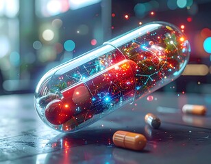 Clear capsule with abstract art inside rests on a shiny surface; bokeh background