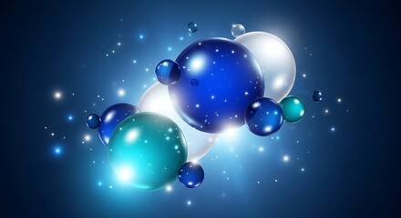 3d rendering of glowing blue and teal spheres with sparkling particles against a dark blue background, representing technology, innovation, and futuristic concepts